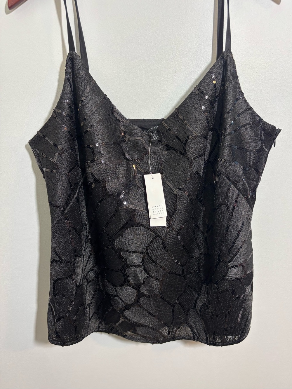 Embellished Mesh Cami Top Black NWT Floral Sequins WHBM Party Glam L
